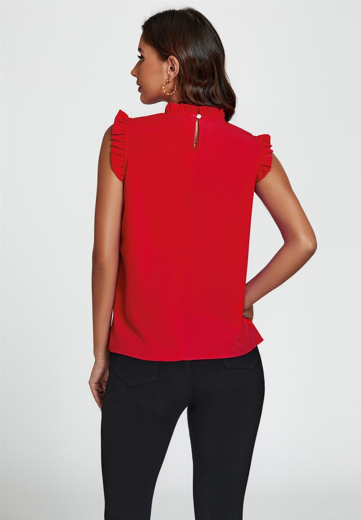 Frill Trim Sleeve Frill Neck Blouse Top In Red