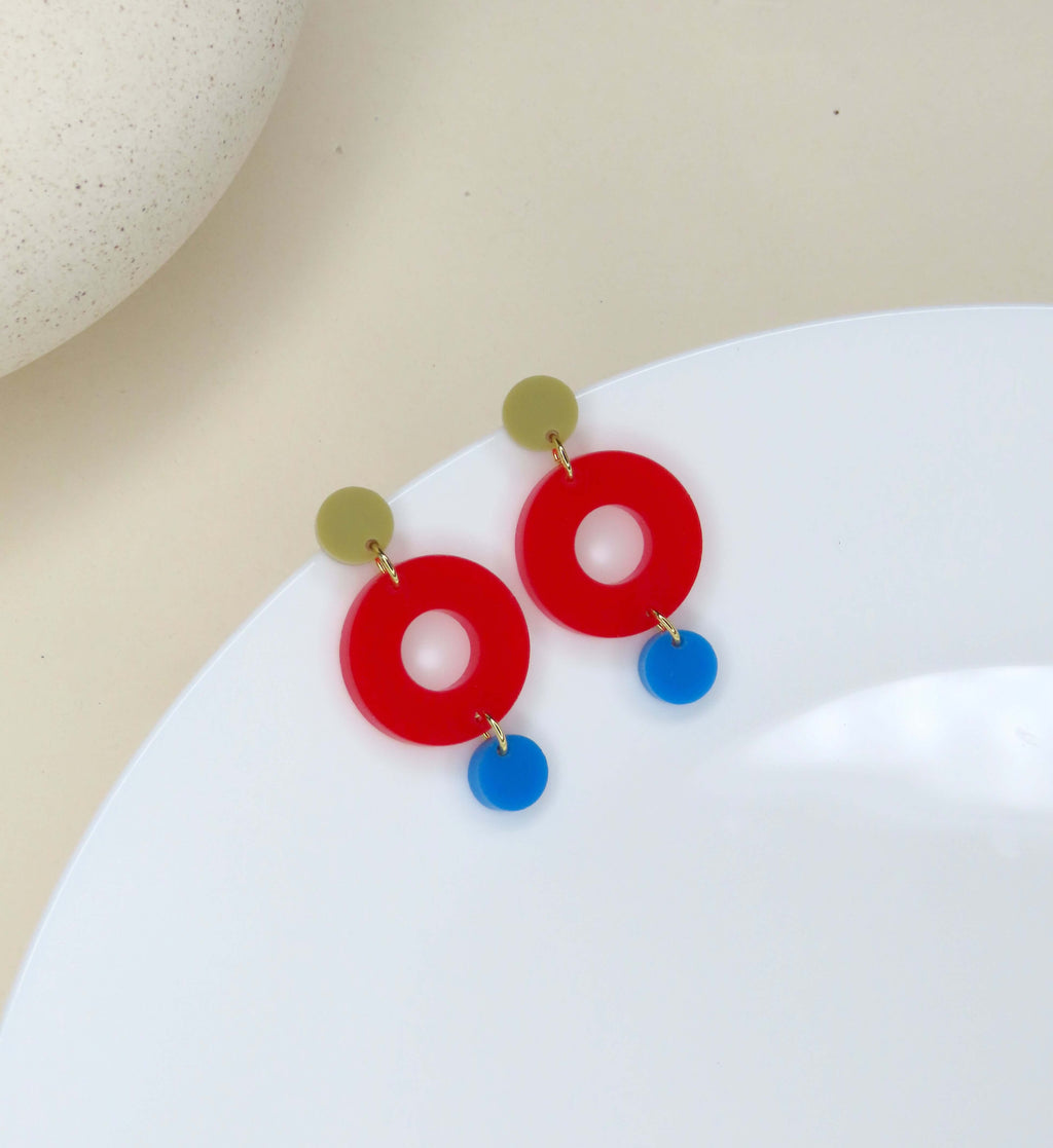 Colorblock Double Circle Ohrstecker in sand, rot und azurblau
