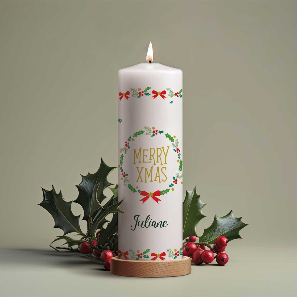 Große Kerze "Classic" Merry XMas mit Namen zu Weihnachten