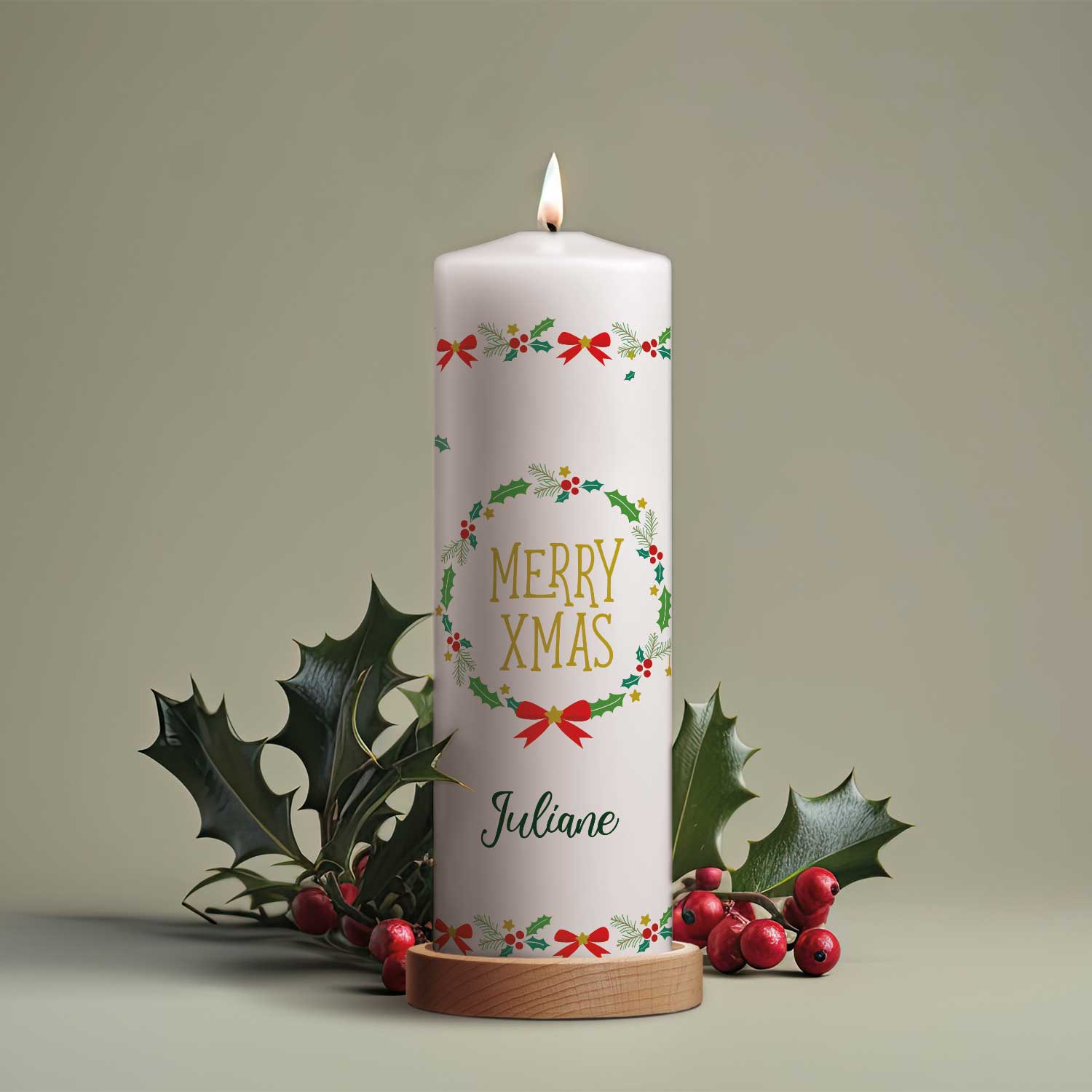 Große Kerze "Classic" Merry XMas mit Namen zu Weihnachten
