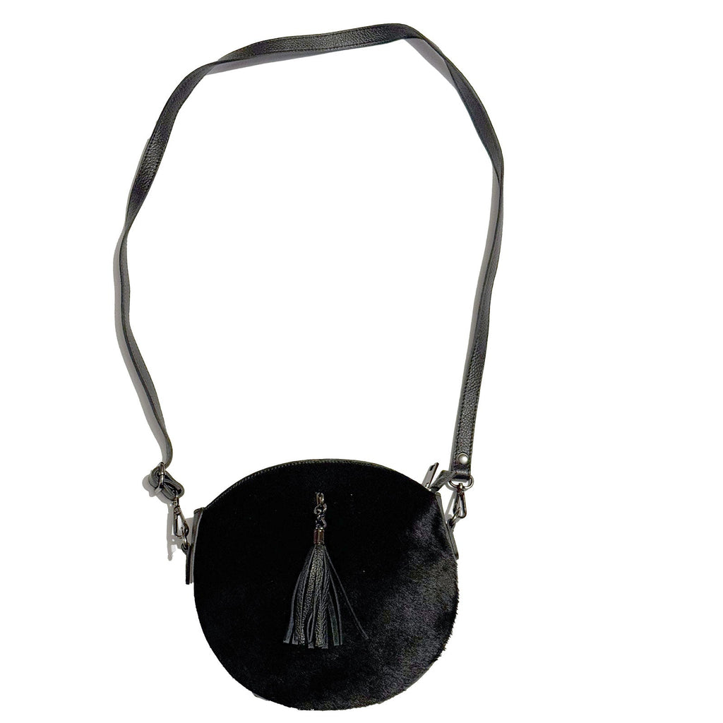 Runde Umhänge Handtasche mit Fell Schwarz